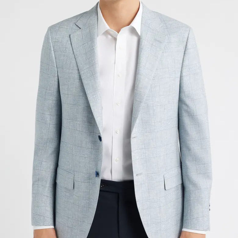 Men's Light Blue Plaid Two Button Blazer