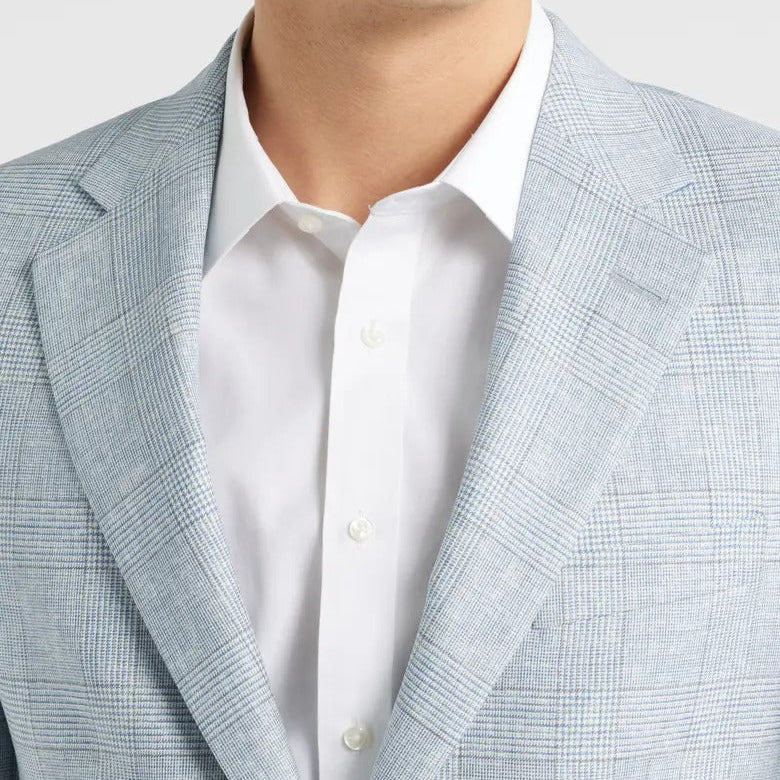 Men's Light Blue Plaid Two Button Blazer