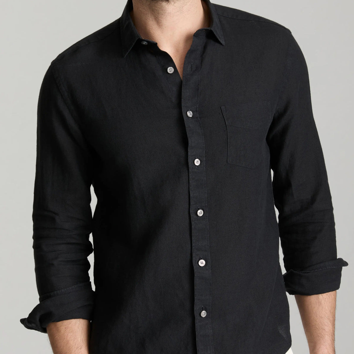 Men's Long Sleeve Black Linen Blend Casual Shirt
