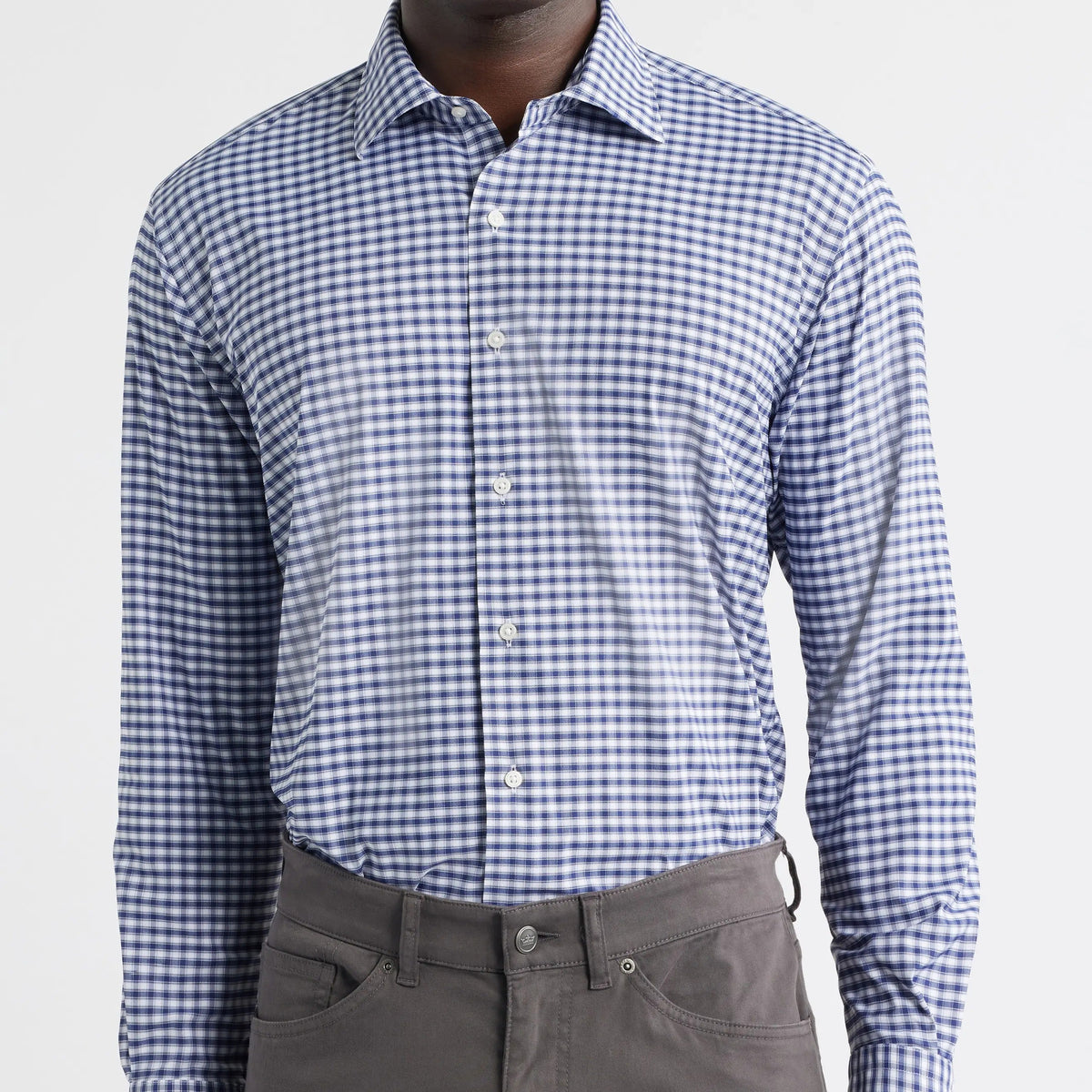 Men's Long Sleeve Blue and White Plaid Dress Shirt