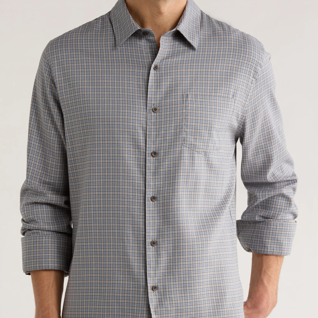 Men's Long Sleeve Gray Blue Plaid Casual Shirt